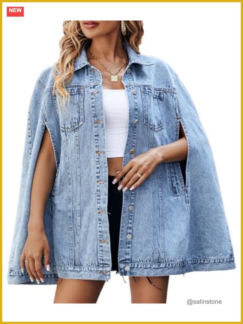 Oversized Denim Cloak Coat Button Down Poncho Cape Jacket